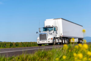 Big rig white day cab semi truck for local deliveries with long