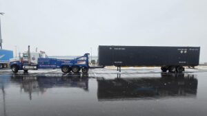 Towing the trailer to a fleet services shop in Spokane