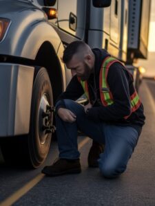 Semi truck driver pulls over on highway and fixes something under his truck