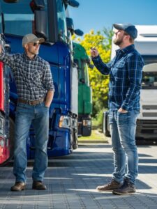Two Truckers Standing Next to a Row of Semi Trucks